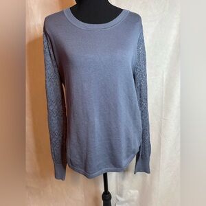 Women's Slate Blue Lace-Sleeve Pullover Sweater